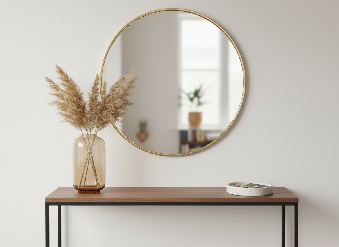 An elegant entryway console in photographic realism, featuring a slim black metal frame with a smooth walnut top. On its surface, a tall, translucent amber glass vase holds dried pampas grass, next to a shallow ceramic catch-all dish with a speckled off-white glaze containing neatly arranged keys and a metal card case. A round wall mirror with a thin brass frame hangs above, reflecting a soft hint of the room beyond. Diffused daylight from a side window bathes the scene in a gentle, even light, creating minimal shadows and emphasizing textures. Shot straight-on at eye level with balanced, centered composition, the atmosphere feels refined and organized, showcasing how thoughtfully chosen lifestyle goods can enrich everyday transitions in and out of the home.
