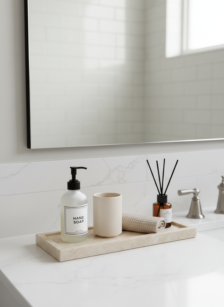 A refined bathroom countertop scene in photographic realism, showcasing functional yet beautiful lifestyle goods. A narrow rectangular stone tray in light travertine holds a frosted pump bottle with minimalist label, a cylindrical ceramic toothbrush holder in warm white, and a folded waffle-textured hand towel in soft beige. To the side, a small amber glass bottle with reed diffusers adds vertical interest. The countertop is smooth white quartz, positioned beneath a frameless mirror that reflects blurred hints of tiled walls. Soft, diffused natural light from a high window creates a serene atmosphere, with delicate highlights on the glass and subtle shadows under each item. Shot at a slightly elevated angle with balanced composition, the mood is fresh, clean, and sophisticated, illustrating how everyday routines can feel elevated through thoughtfully selected items.