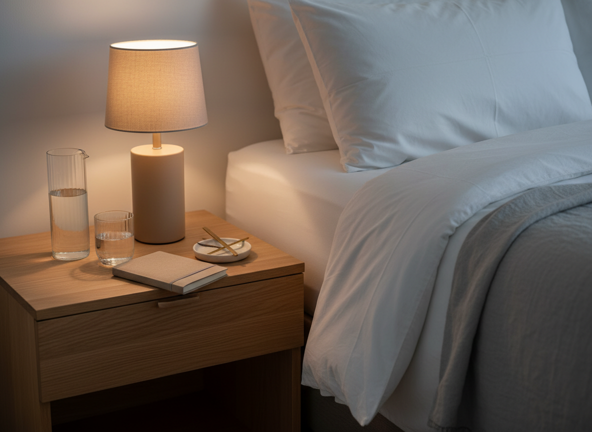 A serene bedroom nightstand styled in a clean, modern aesthetic, featuring a compact, matte sand-colored table lamp with a fabric shade, a slim ribbed glass carafe with matching tumbler, a linen-covered notebook with an elastic band, and a small ceramic dish holding a pair of minimalist brass bookmarks. The nightstand is made of pale oak with visible grain, set beside a neatly made bed with crisp white cotton bedding and a soft dove-gray linen throw partially in frame. Warm, dimmed evening light from the lamp creates a cozy, intimate glow, with gentle, soft-edged shadows and a slight reflection on the glass carafe. Photographic realism, captured from a close, slightly elevated angle with shallow depth of field, evoking a calm, end-of-day ritual mood that highlights subtle luxury in daily life.
