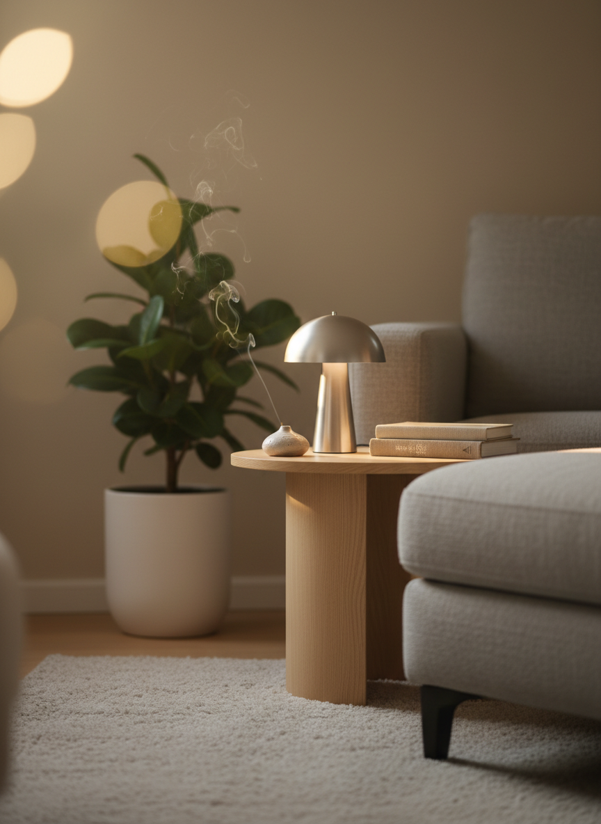 A cozy reading corner captured in photographic realism, featuring a low, plush area rug in muted ivory and a round side table in light birch next to a partially visible lounge chair upholstered in textured stone-gray fabric. On the table sits a dome-shaped portable LED lamp in brushed aluminum, a small stack of linen-bound books in neutral tones, and a hand-thrown ceramic incense holder with a thin trail of smoke rising. In the background, a tall matte white planter holds a leafy green plant against a soft beige wall. Late afternoon light streams in at an angle, creating warm highlights on the metal and gentle bokeh in the background. Framed using the rule of thirds from a low, intimate angle, the mood is tranquil and contemplative, emphasizing the richness of quiet daily moments.