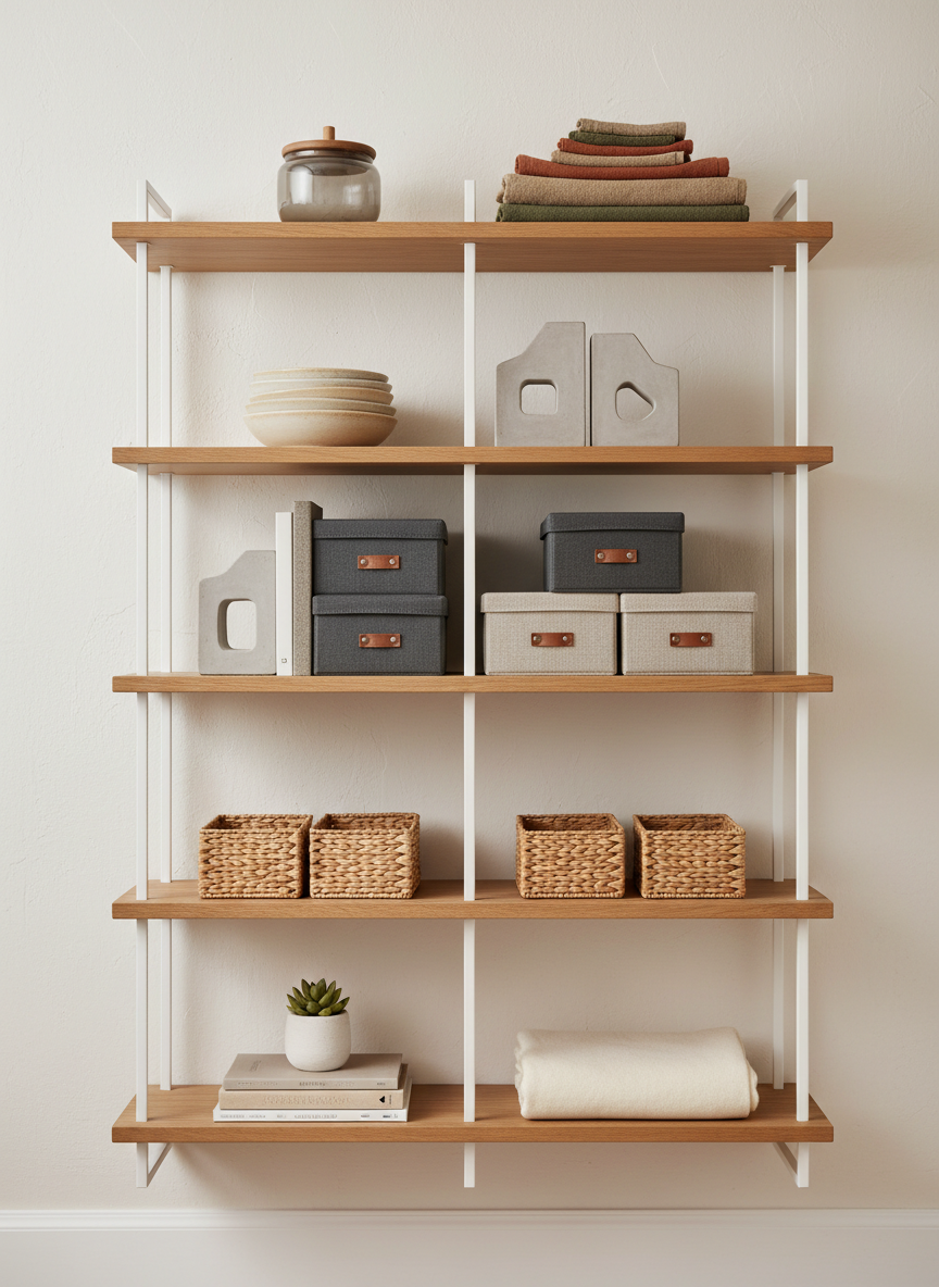 A neatly organized open shelving unit in photographic realism, constructed from slim white metal supports and natural oak shelves. The shelves display a curated mix of lifestyle goods: folded organic cotton towels in muted earth tones, a stack of shallow stoneware bowls in gradient beige, a smoky gray glass storage jar with a wooden lid, and a sculptural concrete bookend supporting a row of neutral-colored storage boxes with fabric pulls. The unit stands against a soft warm white wall with a hint of texture. Gentle overcast daylight from the left side casts even, diffused light, flattening harsh shadows while subtly revealing textures of wood, fabric, and ceramic. Shot straight-on with sharp focus throughout, the composition is symmetrical yet airy, conveying an atmosphere of quiet order, functional elegance, and sustainable-minded living.